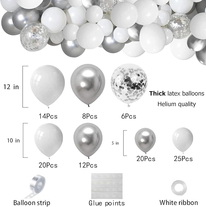 White and Silver Balloons Garland Arch Kit 5"10 Inch 12" White Silver Metallic - Image 4