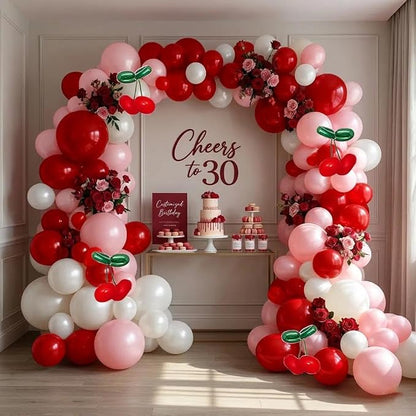 Red Pink Balloon Arch Double Stuffed Latex Pink White Pearl Balloons Red Green - Image 6