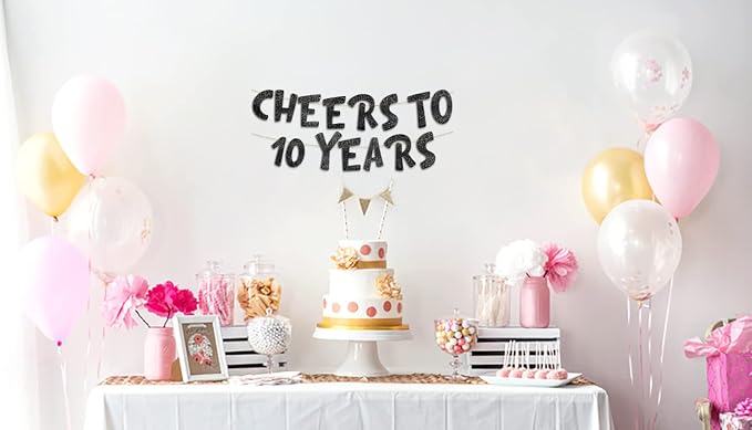 Pre-Strung Cheers to 10 Years Black Glitter Banner - Image 2