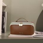 Prite Travel Cosmetic Bag Makeup Organizer Bag For Women Large Capacity Waterproof PU Leather Toiletry Bag with Handle and Clear Divider(Dark Brown)