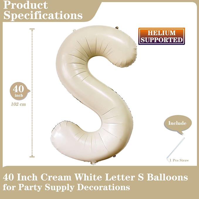 Cream White Letter S Balloons, 40 Inch Giant Letter Balloons S Foil Mylar - Image 2