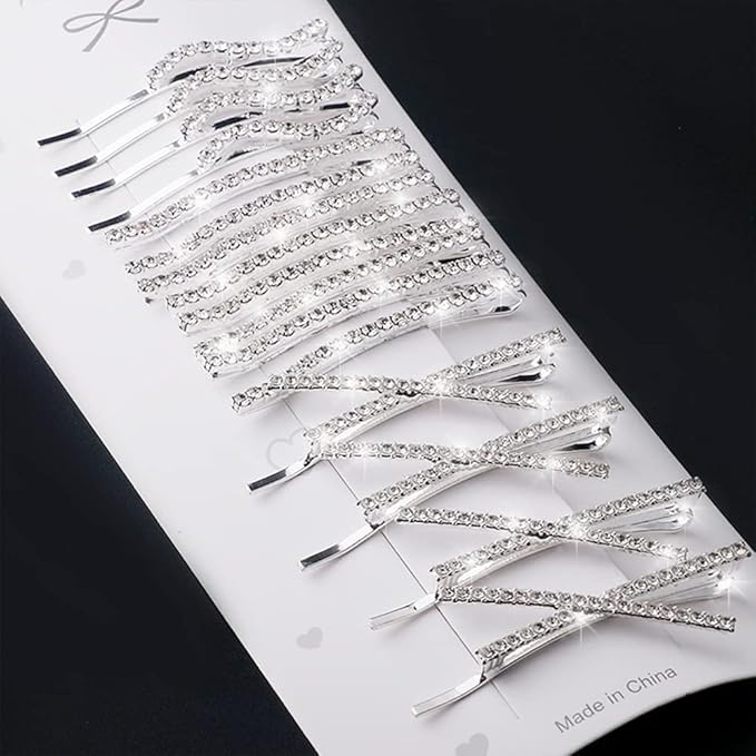 16 Pieces Rhinestone Bobby Pins, Fancy Metal Hair Clips, Crystal Shiny Barrettes, I S X Shaped Diamond Hair Accessories for Women Girls Wedding Prom Party (Silver)