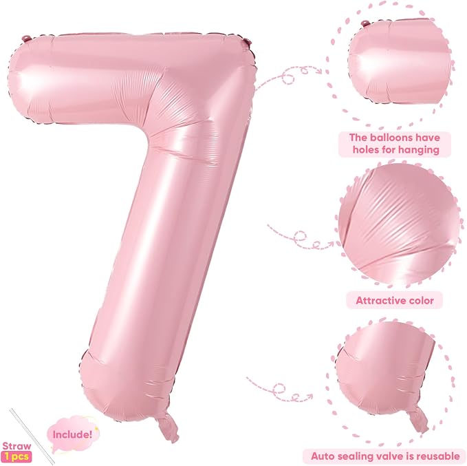 Light Pink 7 Balloon, 40 Inch Large Pastel Pink Foil Helium Number Balloons 0-9 - Image 3