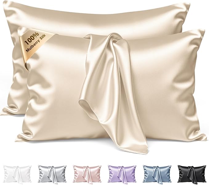 Silk Pillow Cases 2 Pack King Size Mulberry Silk Pillowcase Set of 2 for Hair & Skin 36 x 20 Inches 22 Momme Both Sided Grade 6A Silk Soft Breathable Cooling with Hidden Zipper, Beige