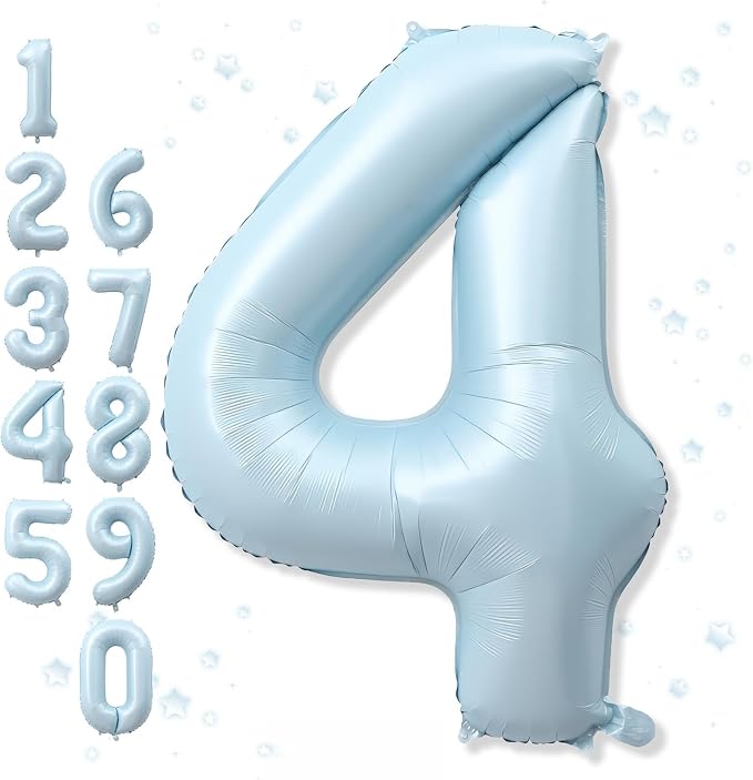 Foil 4 Balloon, Light Blue Big Number 4 Balloons by Froova