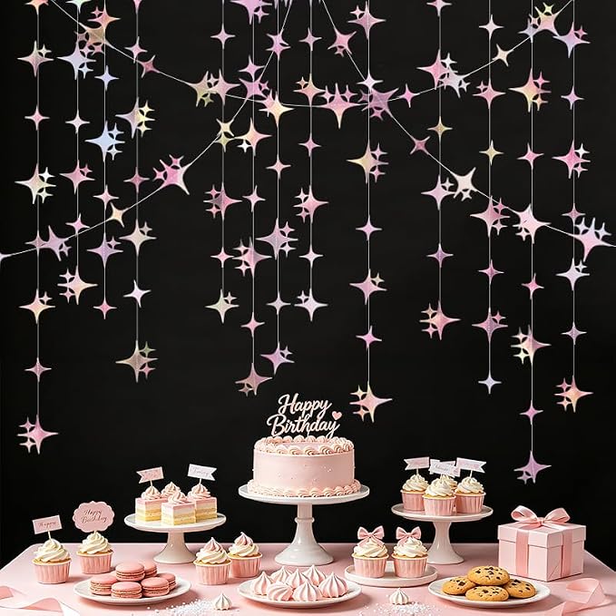 Glitter Iridescent Pink Four-Angle Star Paper Garland Banner 40 Feet Iridescent by Yilzo