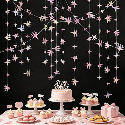 Glitter Iridescent Pink Four-Angle Star Paper Garland Banner 40 Feet Iridescent by Yilzo