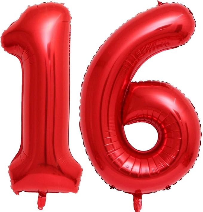 Red 16 Number Balloons, 40 Inch 16 Balloons Foil Mylar Helium Big Red 16 by BBPOOL
