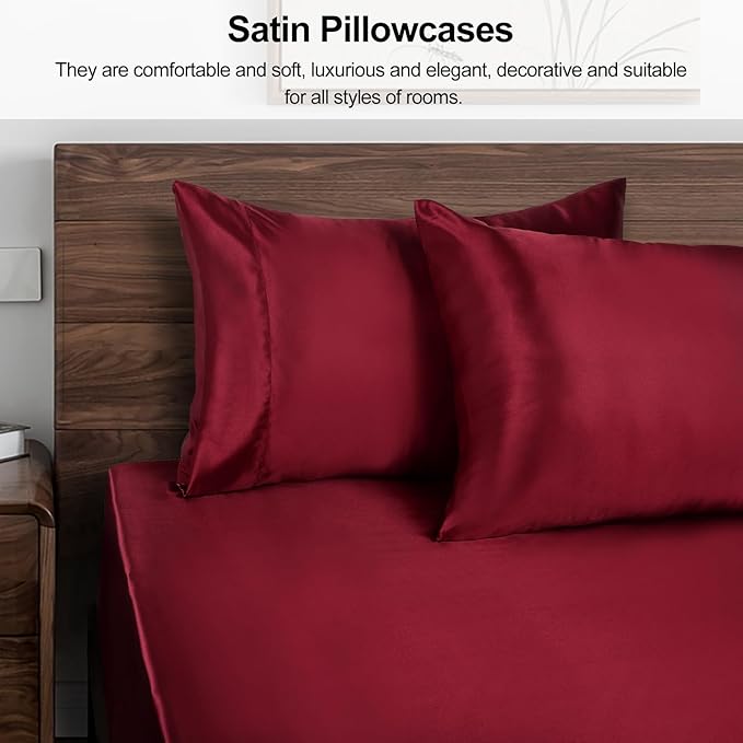 Lirex Satin Pillowcase for Hair and Skin, Super Soft and Cooling Similar to Silk, 2 Pack King Size 20"X 36" Pillow Cases with Envelope Closure, Gifts for Women Men, Wine Red
