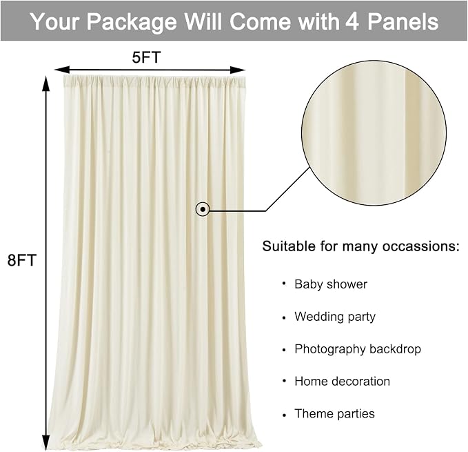 20 ft x 8 ft Ivory Backdrop Curtain Panels, 4 Panels 5 ft x 8 ft Wrinkle Free - Image 5