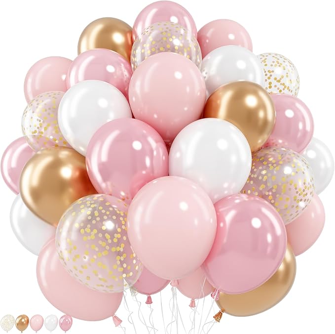 Pink White Gold Balloons, 12 Inch Double Stuffed Pearl Pale Baby Light Pink by Jobkoo