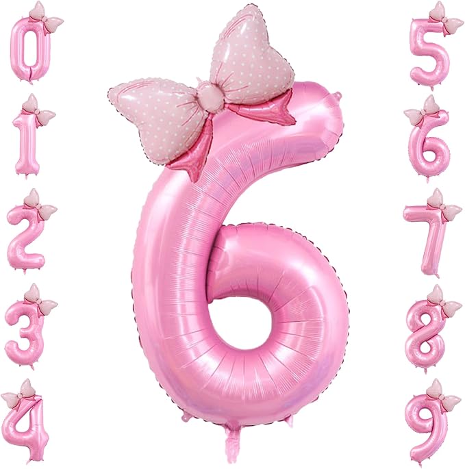 40 inch Number 6 Balloon with Bow Pink Happy Birthday Jumbo Number Balloon by OIBUTUR
