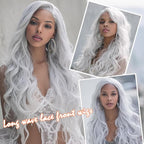 Long Silver Synthetic Lace Front Wig Heat Resistant Body Wave Lace Front Wavy Wigs Free Part Natural Hair Wig for Women 24 Inch Fashion Glueless (24 Inch)