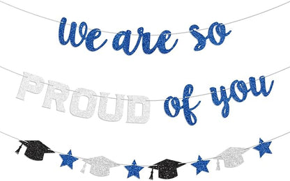 We Are So Proud of You Banner Prestrung Blue and Silver Graduation Banner by Blopee