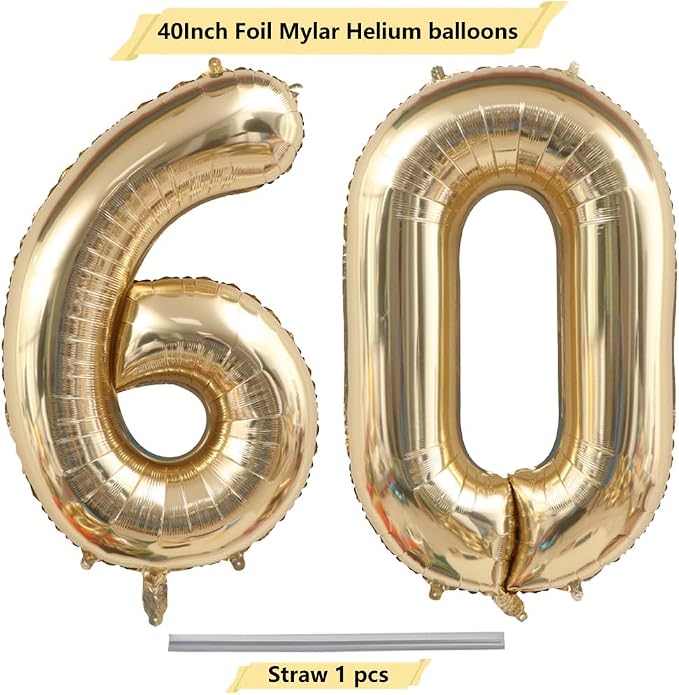Light Gold 60 Number Balloons 40 Inch White Gold Giant 60 Foil Mylar Helium | - Image 4