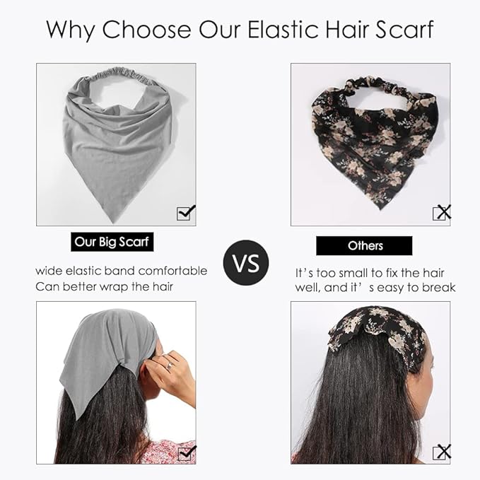 6 Pack Hair Scarf Headband for Women Elastic Bandana Head Scarf Large Boho Triangle Kerchief with Clips Non Slip Scarves