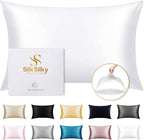 SilkSilky 100% Mulberry Silk Pillowcase - Pure 22 Momme High-Grade 6A Fibers for Hair & Skin, Envelope Closure, Natural, Organic, Breathable & Cooling Pillow Case (Standard, White)
