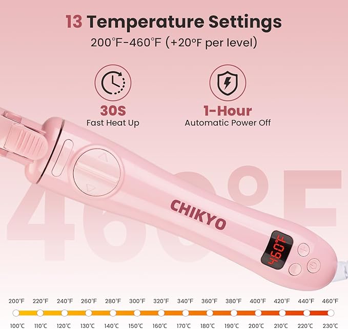 CHIKYO Automatic 9mm Rotating Curling Iron, 3/8 Inch Ceramic Barrel Curling Wand, Tiny Small Automatic Hair Curler with Anti-Scald Press & Anti-Scald Stand, Curling Iron for Short Hair(Pink)