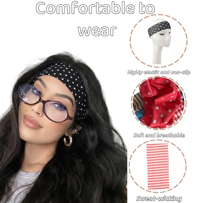 Polka Dot Headband,Stripe Head Bands 5 Pack Non Slip Soft Fabric Elastic for Girls Daily Heart Cute Hairbands, Fashion Striped Headbands for Women