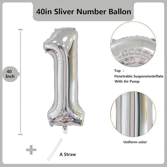 40 inch Silver Number Balloon Giant Foil Helium Balloons Silver Number 1 Balloon - Image 2