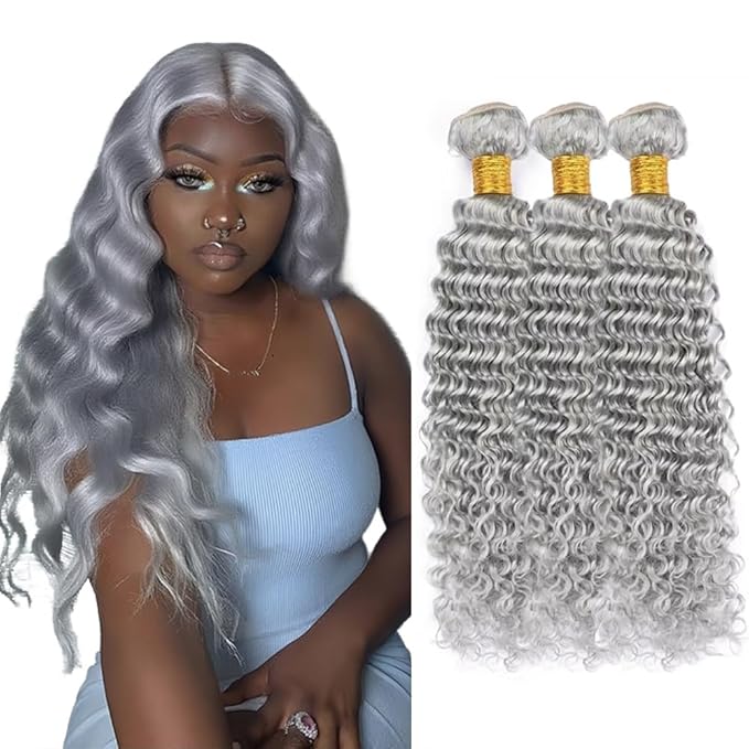 Gray Deep Wave Bundles Human Hair Silver Bundle 22 24 26 Inch Niegmeag Peruvian Virgin Soft And Silky Remy Hair Extensions Grey Deep Wave Bundles 300g