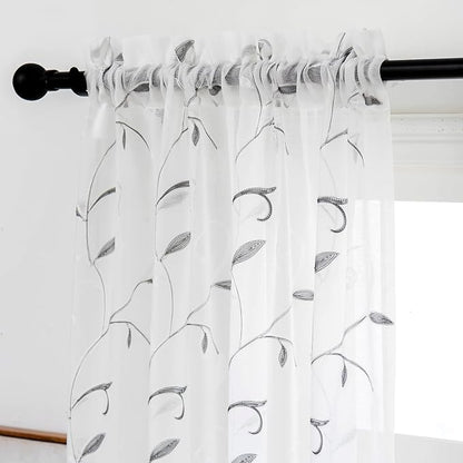White Sheer Curtains Grey Embroidered Leaves 2 Panels 54Wx84L | Light Filtering - Image 3