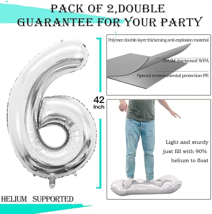 Silver Foil Balloons Number 6, Huge Number Balloons - Image 3
