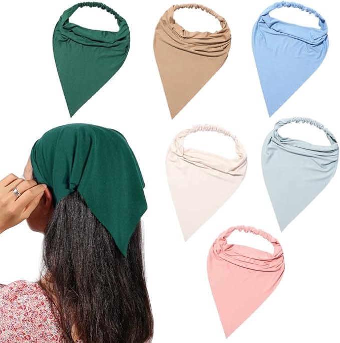 6 Pack Hair Scarf Headband for Women Elastic Bandana Head Scarf Large Boho Triangle Kerchief with Clips Non Slip Scarves