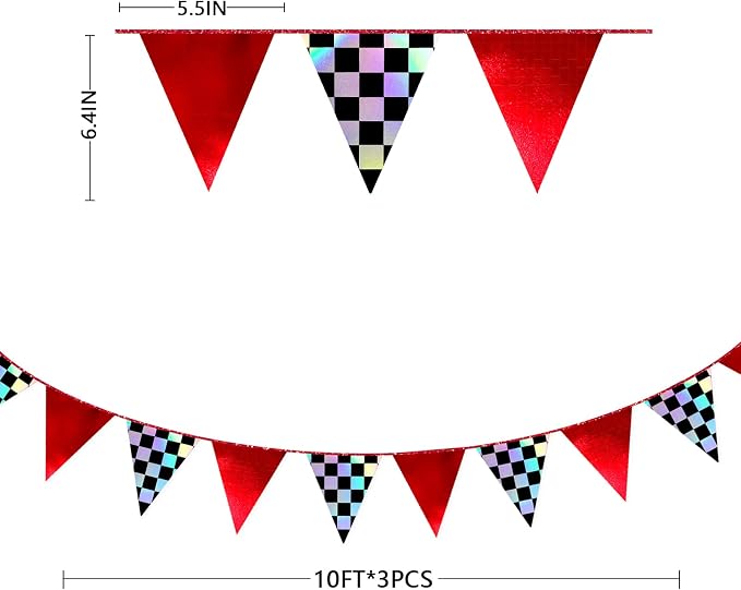 Racing Party Decorations Iridescent Checkered Red Pennant Banner Flag Hanging - Image 2