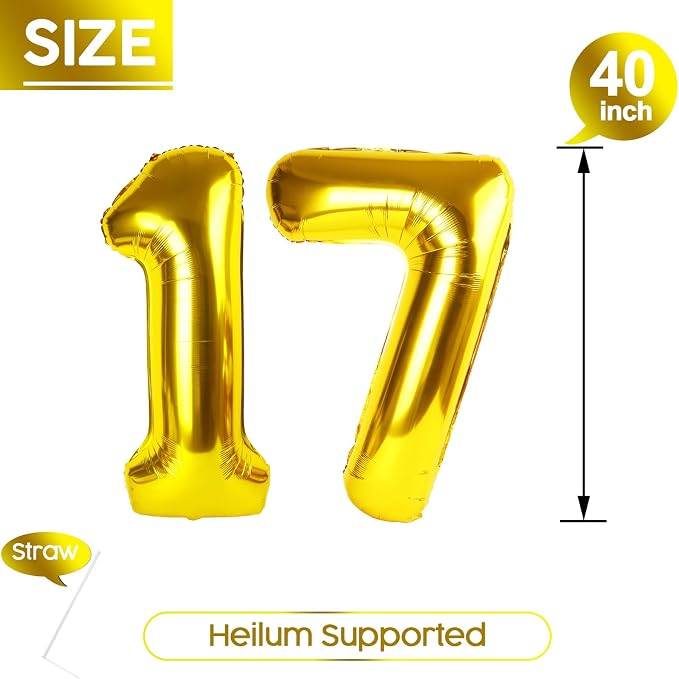 17 Balloon - Gold Birthday Number Balloons, 40 Inch Decorations Men Women | - Image 5