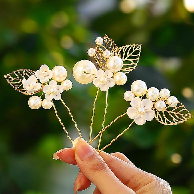 Evild Gold Bridal Hair Pins Pearl Wedding Hair Pieces Leaf Hair Accessories for Women (Pack of 3)