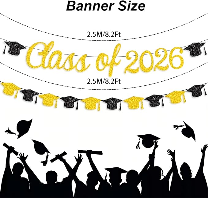 Class of 2026 Banner Graduation Decorations Class of 2026 Gold Glitter Congrats - Image 2