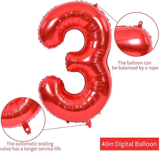 TONIFUL 40 Inch Red Number 3 Balloons Large Foil 3rd Birthday Decorations | Red - Image 2