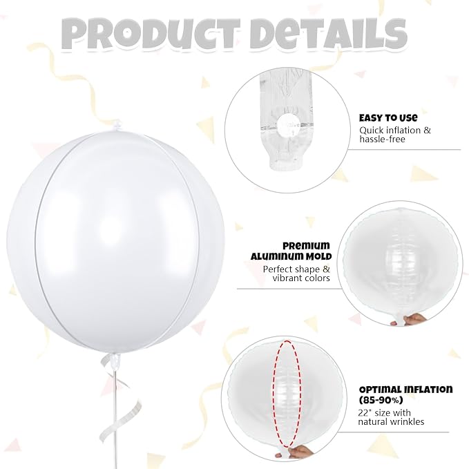 22 Inch White Foil Balloons, Large Metallic White Round Balloons, Sphere Ball - Image 8