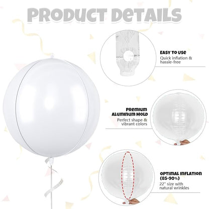 22 Inch White Foil Balloons, Large Metallic White Round Balloons, Sphere Ball - Image 8