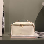 Prite Makeup Bag for Women Travel Waterproof Vegan Leather Cosmetic Bag Open Flat Toiletry Bag With Clear Divider and Handle (Large Beige)