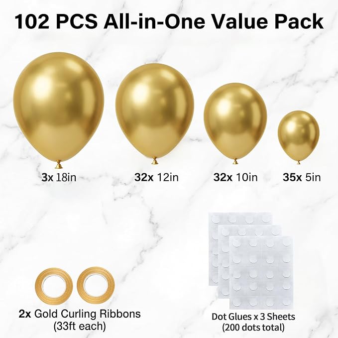102pcs Gold Balloon Garland Arch Kit, 18 12 10 5 Inch Balloons | Balloons - Image 2