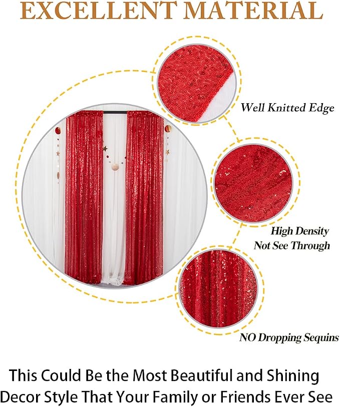 ShinyBeauty Sequin Curtains 2 Panels Red 2FTx8FT Sequin Photo Backdrop Red - Image 4