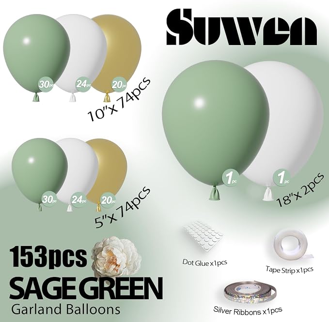 SUWEN Sage Green Balloons Arch Kit 153Pcs 18 10 5 Inch Garland | Sage Gold - Image 2