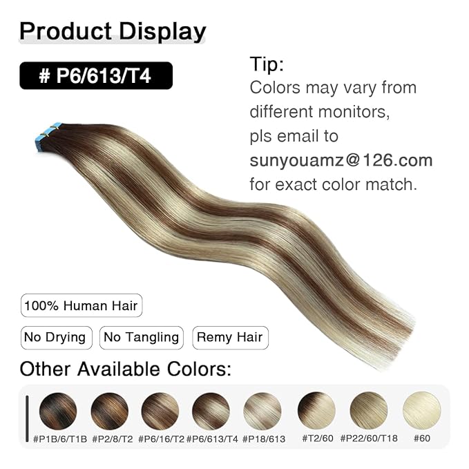 SUYYA Tape in Hair Extensions Human Hair Balayage Chocolate Brown to Bleach Blonde and Chestnut Brown 20 Inch 50g/pack 20pcs Straight Seamless Skin Weft Tape in Real Human Hair(20inch #P6/613/T4)
