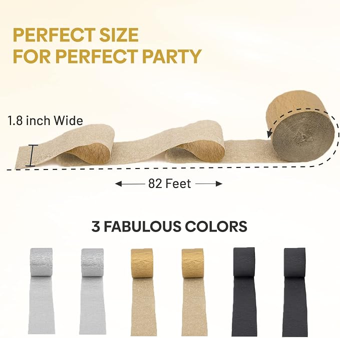 6 Black Gold Streamers, 492ft Pack of Crepe Paper Party Decorations | Each roll - Image 3