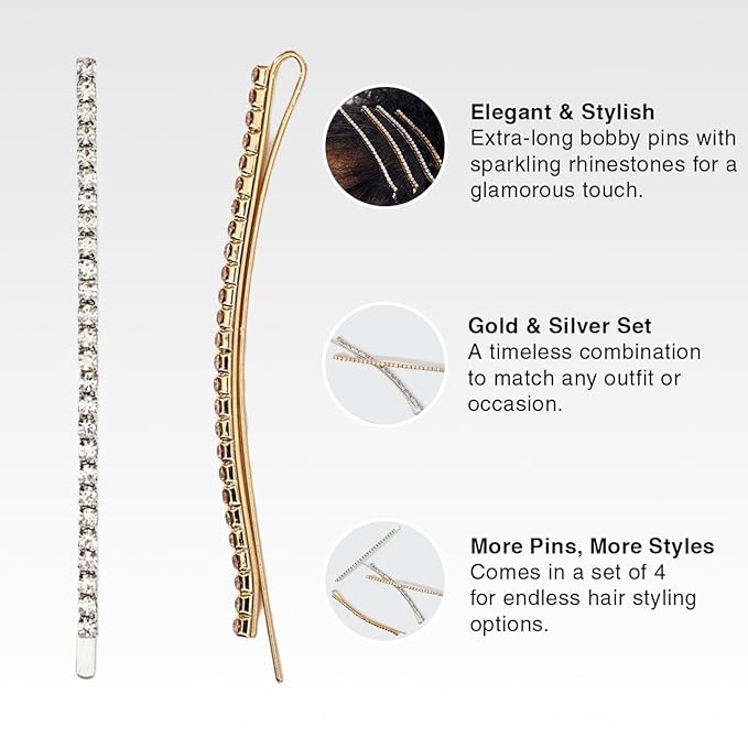 Kitsch Rhinestone Bobby Pins for Women, Stylish and Decorative Hair Accessories | Extra Long Rhinestone Hair Clips for Events | Ideal Gifts for Women - Set of 4, Gold and Silver