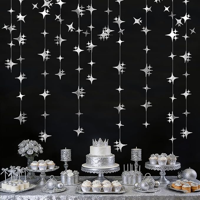 Glitter Silver Four-Angle Star Paper Garland Banner Décor 40 Feet Twinkle by Yilzo