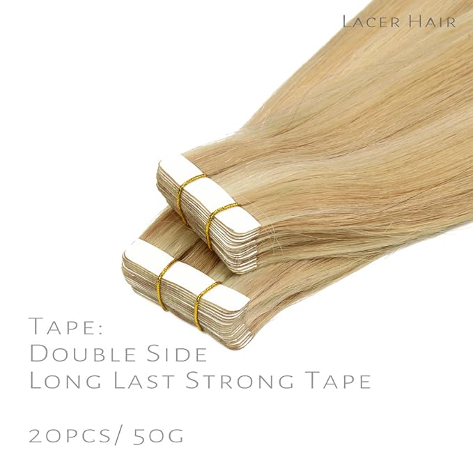 Lacer Hair Extensions Real Human Hair Tape in Silky Straight Golden Blond to Platinum Blonde Tape in Extensions Human Hair 24 Inch 50G 20Pcs Tape Ins