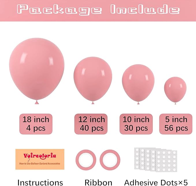 Voircoloria 130pcs Retro Pink Balloons Garland Arch Kit, 18 12 10 5 Inch | - Image 2