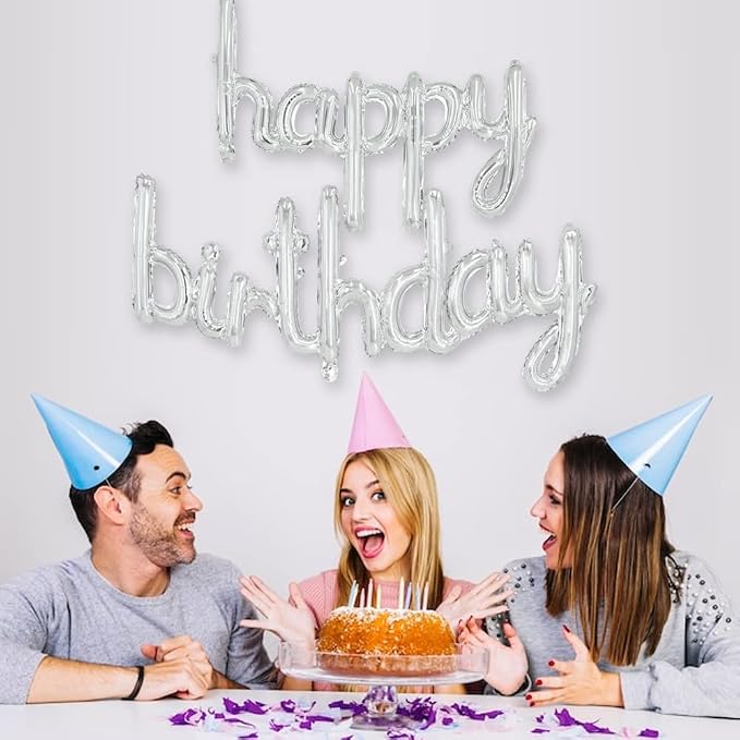 TONIFUL 16 Inch Silver Cursive Happy Birthday Balloons Banner Decorations | - Image 4