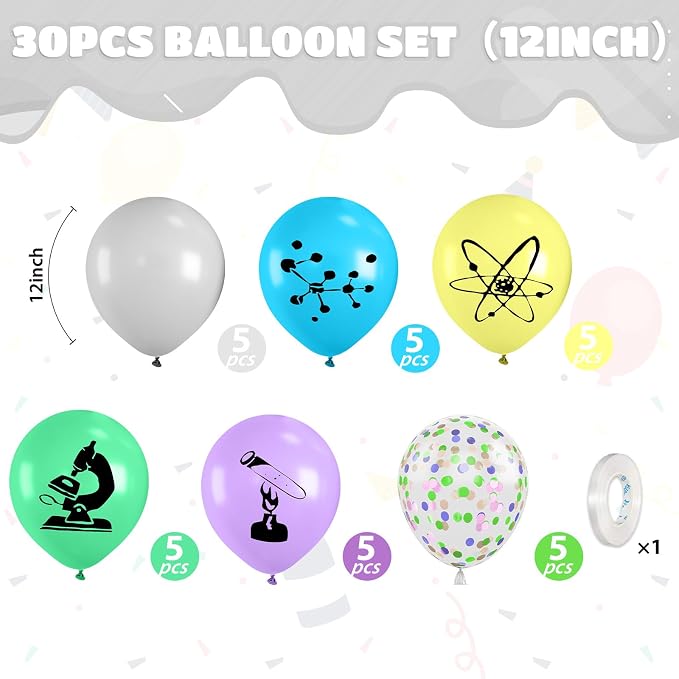 Science Party Balloons, 12 Inch Gray Light Yellow Green Purple Confetti Balloons - Image 2