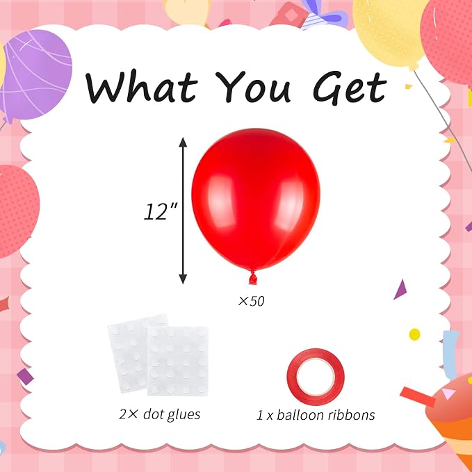 50pcs 12 Inch Vibrant Red Latex Balloons | Premium Red Balloons - Image 2