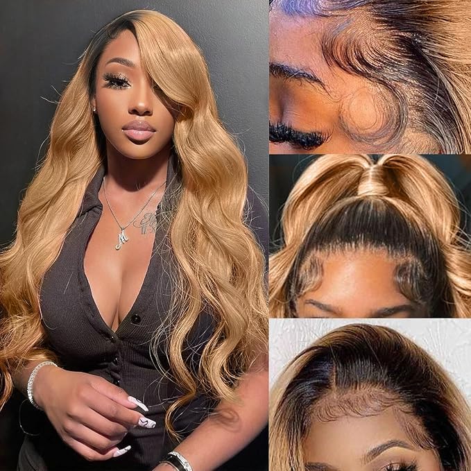 AMIRTY 200% density 13x6 Honey Blonde Lace Front Wigs Human Hair 13x6 Body Wave Lace Front Wig Human Hair Wigs for Women Ombre HD Transparent Lace Frontal Wig Pre Plucked with BabyHair 28inch