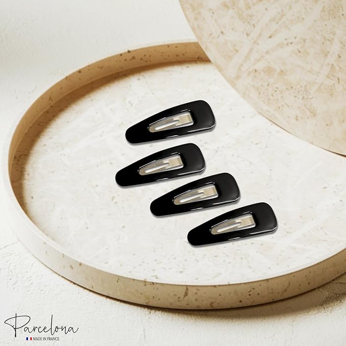 Parcelona French Mini Set of 4 Small Celluloid Acetate, Clic Clac, Snap Hair Clips, No Slip, Fashion Styling Women Hair Accessories, Girls Snap Hair Barrette, Made in France (Black)